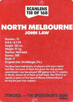 1989 Scanlens VFL #118 John Law Back